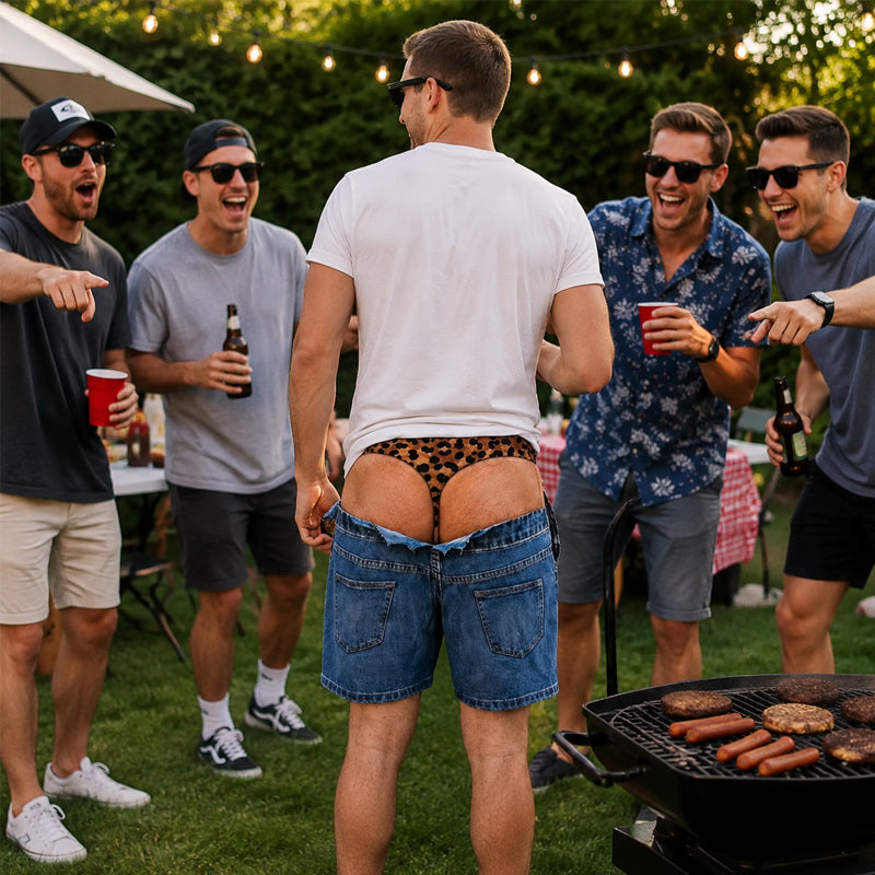 Lustige Badeshorts aus Kunstdenim mit Leopardenmuster | Ausgefallene Badeshorts mit optischer Täuschung
