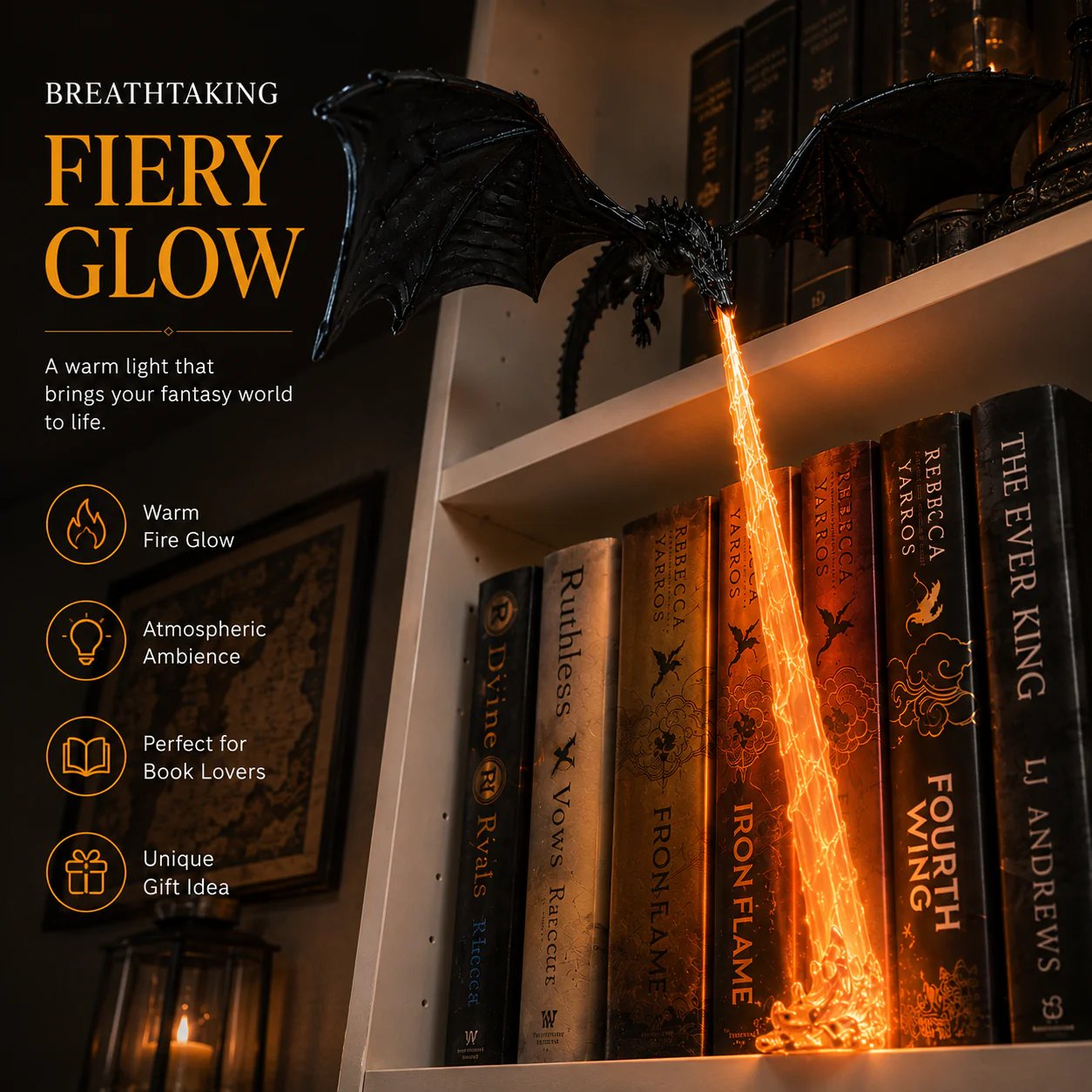🐉 Feuer speiende Drachen-Regaldekoration-Lampe + LED-Flammenbeleuchtungsset