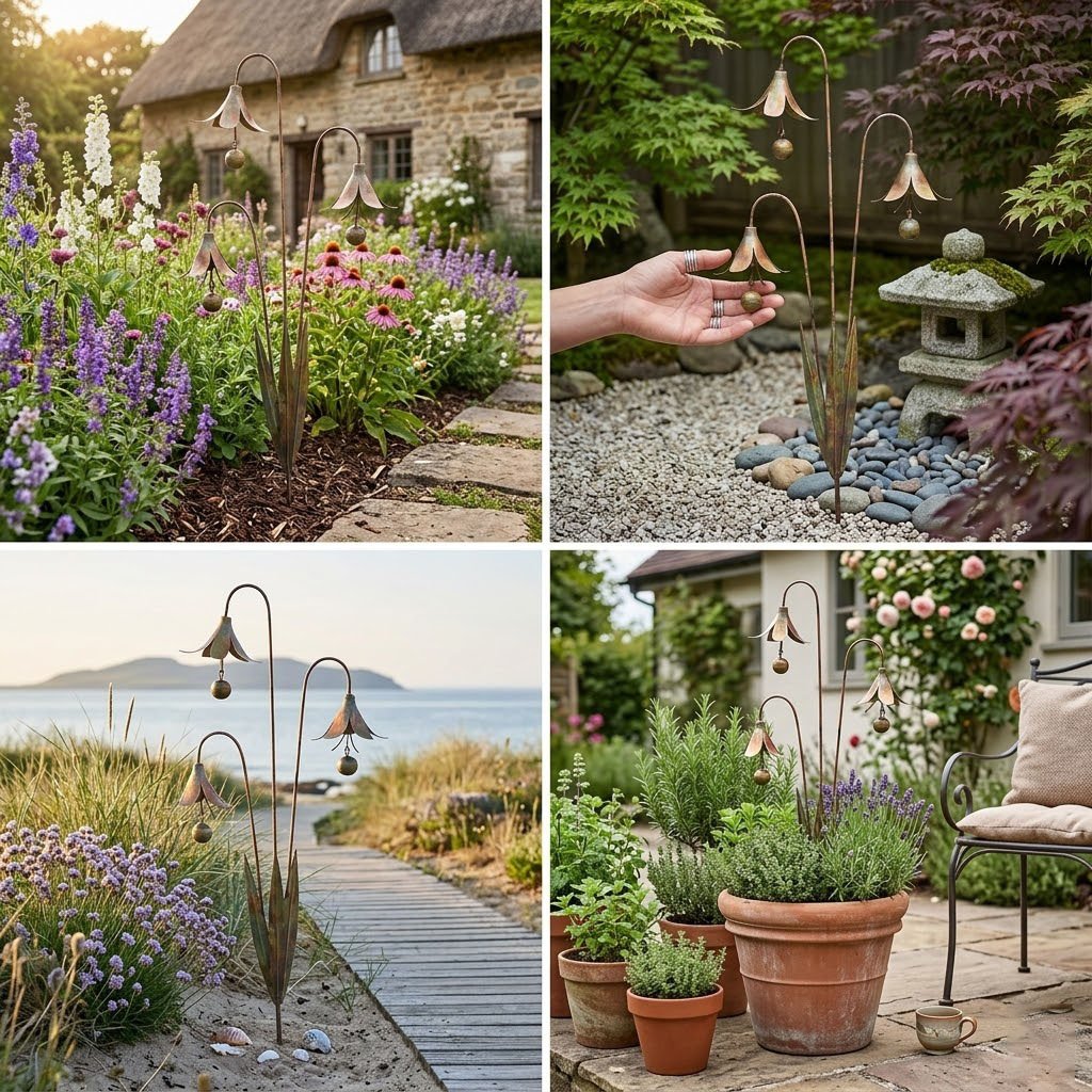 🏡Gartenstecker aus geflammtem Kupfer mit drei Calla-Lilien und Glöckchen