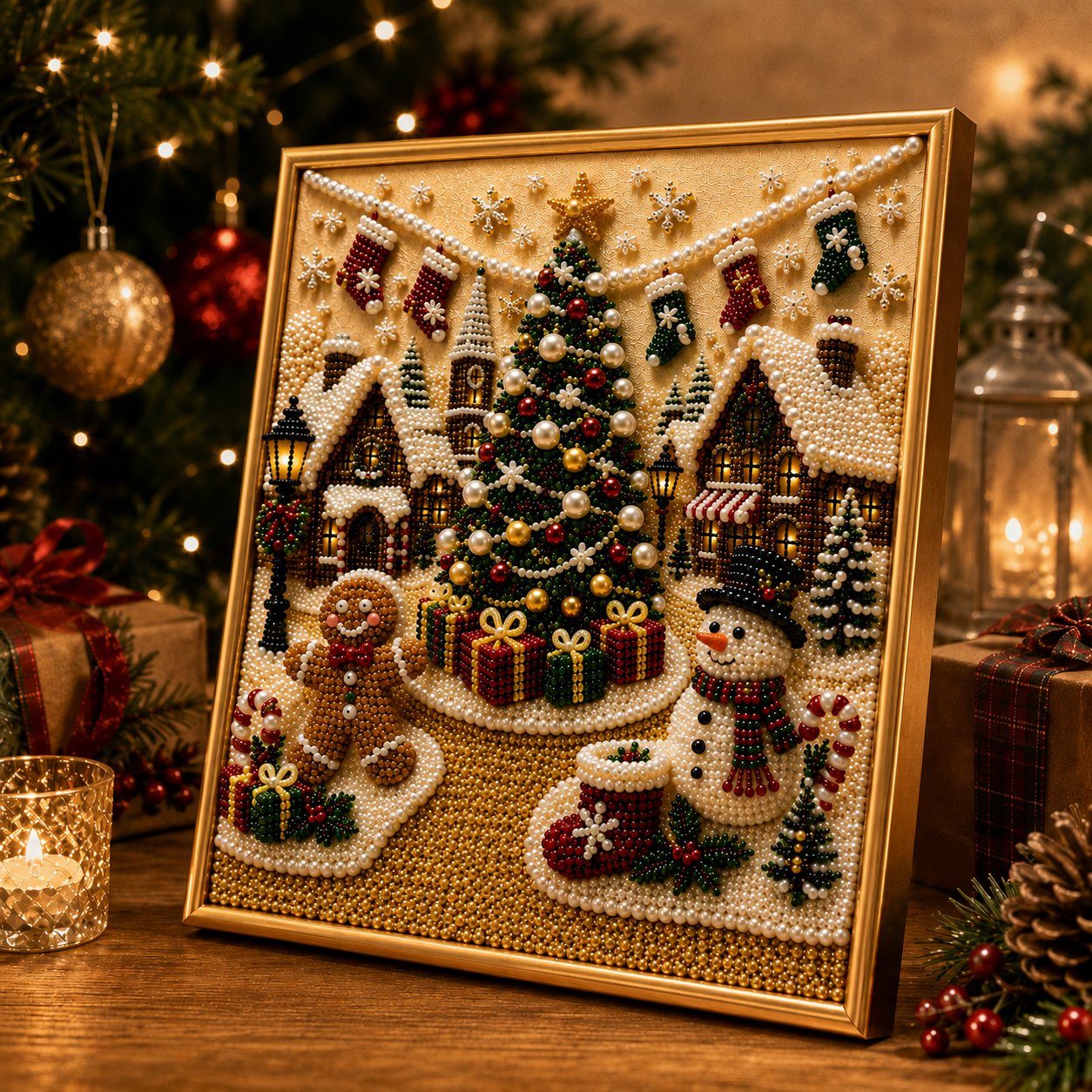 🎄🎅 Premium-3D-Weihnachtswandbild-Bastelset mit Perlen | Luxuriöse, beflockte Leinwand mit kratzfesten, lichtbeständigen Perlen – DIY-Weihnachtsdekoration ⛄️❄️