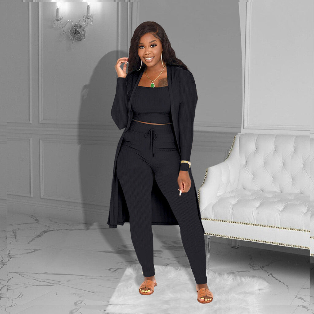 💎 Lässiges 3-teiliges Strick-Set – Kurzes Oberteil, langer Cardigan und eng anliegende Hose | Weich, dehnbar und trendy 🧶