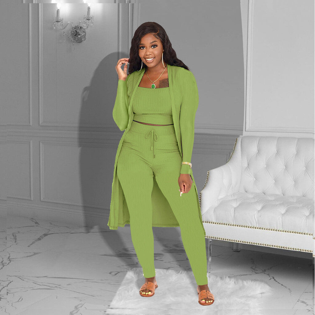 💎 Lässiges 3-teiliges Strick-Set – Kurzes Oberteil, langer Cardigan und eng anliegende Hose | Weich, dehnbar und trendy 🧶