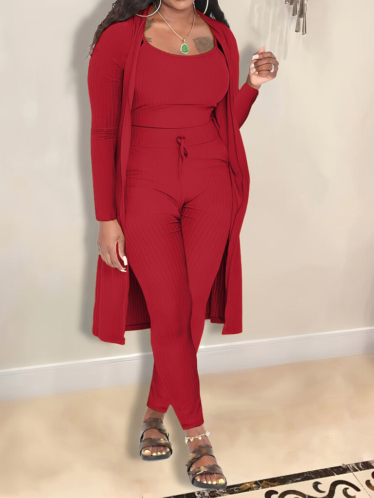 💎 Lässiges 3-teiliges Strick-Set – Kurzes Oberteil, langer Cardigan und eng anliegende Hose | Weich, dehnbar und trendy 🧶