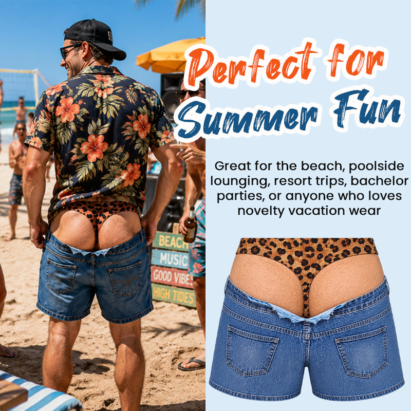 Lustige Badeshorts aus Kunstdenim mit Leopardenmuster | Ausgefallene Badeshorts mit optischer Täuschung