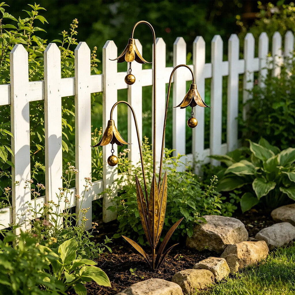 🏡Gartenstecker aus geflammtem Kupfer mit drei Calla-Lilien und Glöckchen