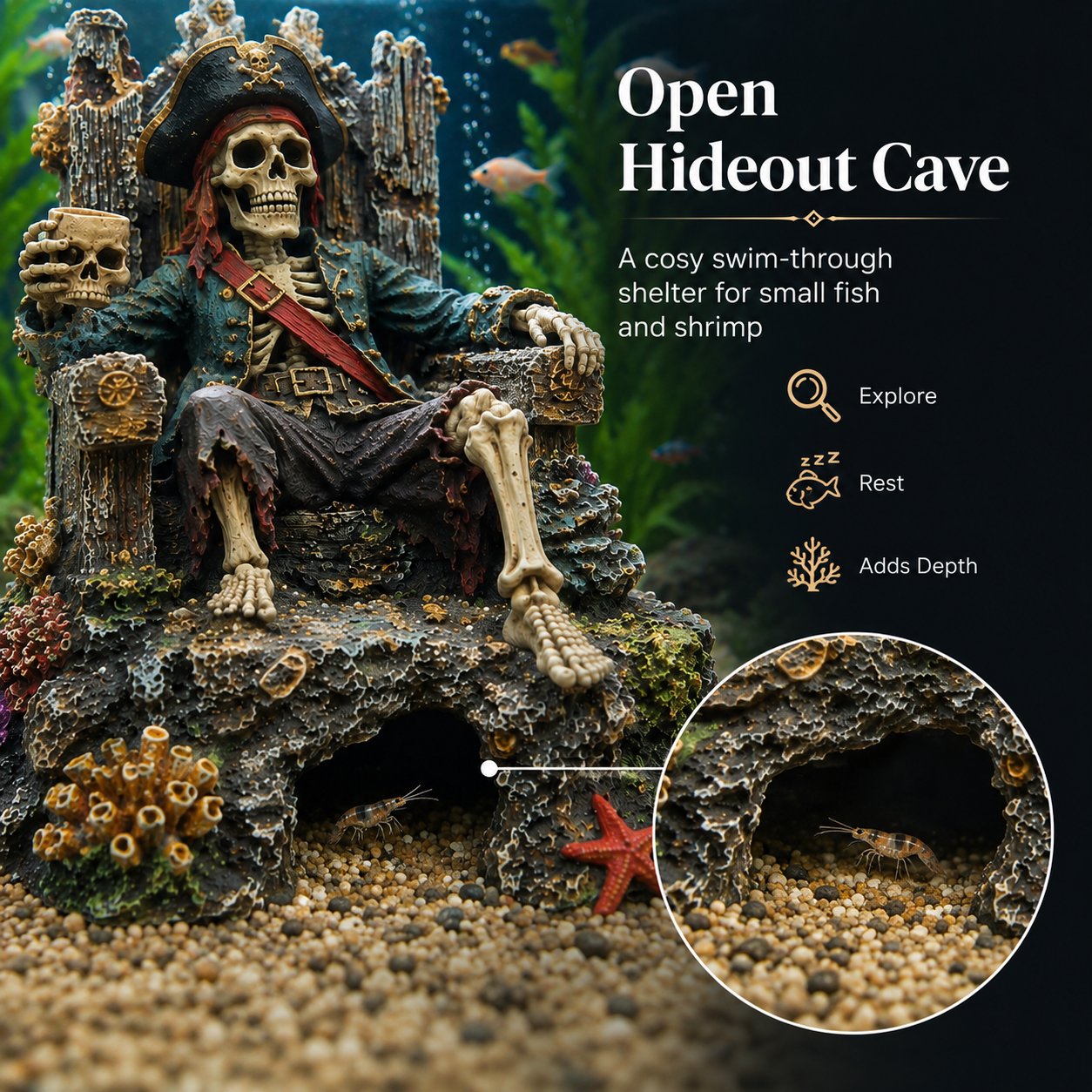 🌊☠️Unterwasser-Piraten-Skelett-Thron – Aquarium-Versteckhöhle als Dekoration