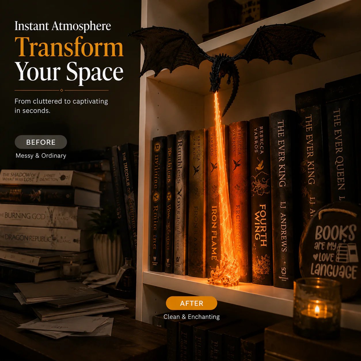 🐉 Feuer speiende Drachen-Regaldekoration-Lampe + LED-Flammenbeleuchtungsset