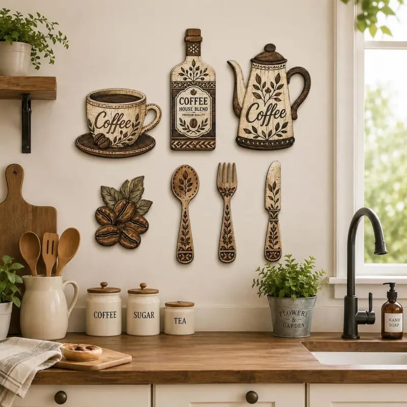 ☕ 7-teiliges Wanddekor-Set aus Holz zum Thema Kaffee für die Küche – Wandkunst im Vintage-Farmhouse-Stil zum Thema Kaffee