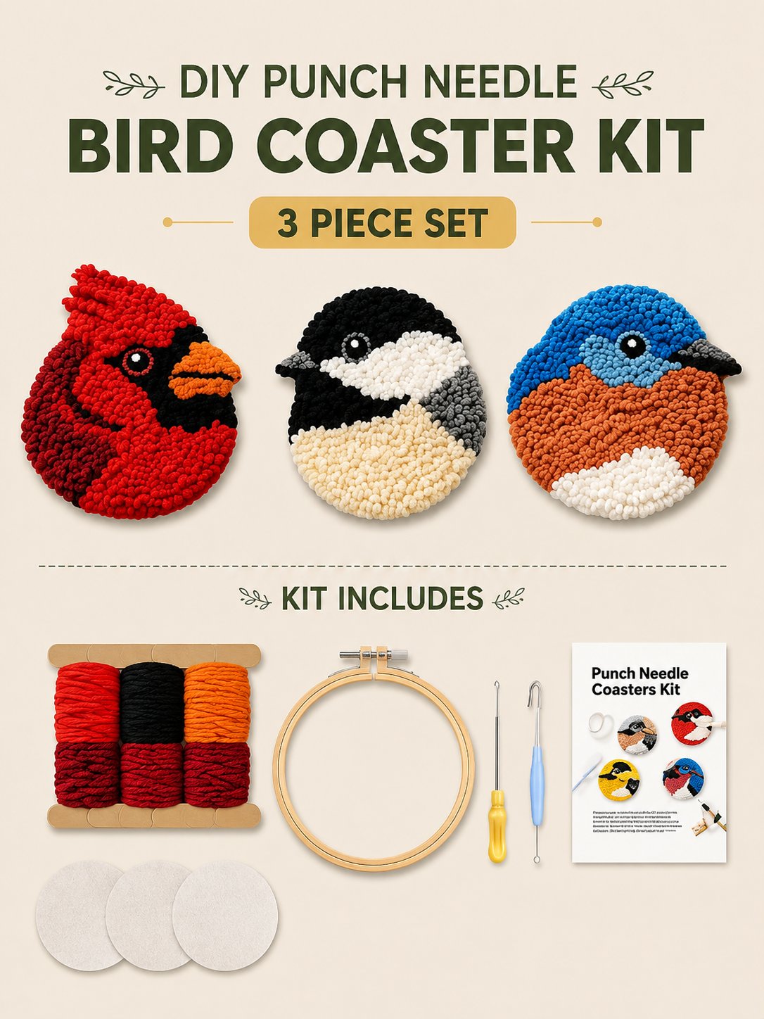 🧵Anfängerfreundlich🐦DIY-Set für Vogel-Untersetzer mit Punch-Needle-Technik