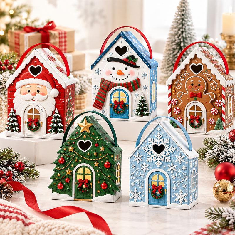 Geschenkbox „Christmas Cottage“ mit Griff – 3D-Geschenkverpackung für Weihnachtssüßigkeiten und Plätzchen