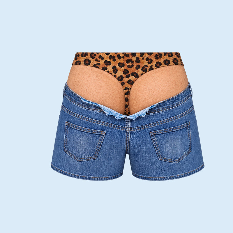 Lustige Badeshorts aus Kunstdenim mit Leopardenmuster | Ausgefallene Badeshorts mit optischer Täuschung