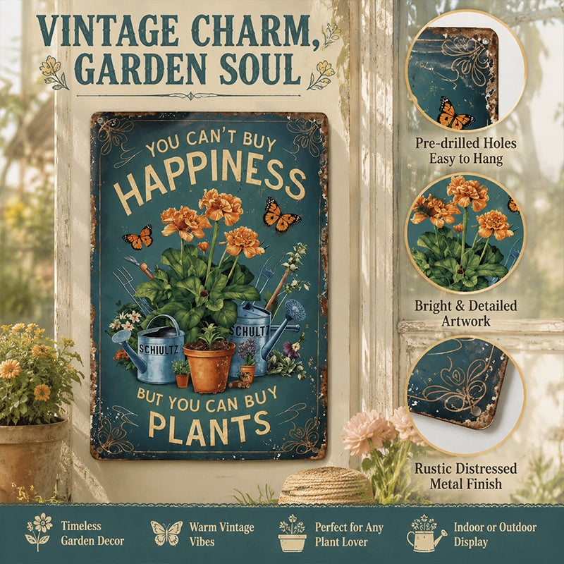 Vintage-Metallschild für den Garten mit der Aufschrift „Glück kann man nicht kaufen, aber Pflanzen schon“