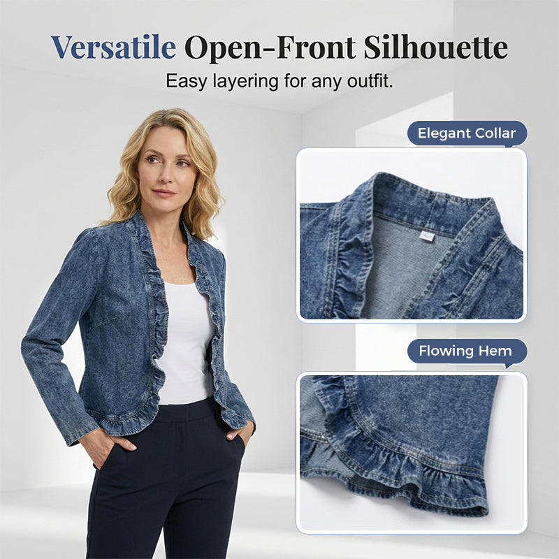 🧥 NUR FÜR BEGRENZTE ZEIT: 50 % RABATT! ✨ Damen-Jeansjacke – vorne offen, mit Rüschenbesatz, leicht, klassische Waschung ✨