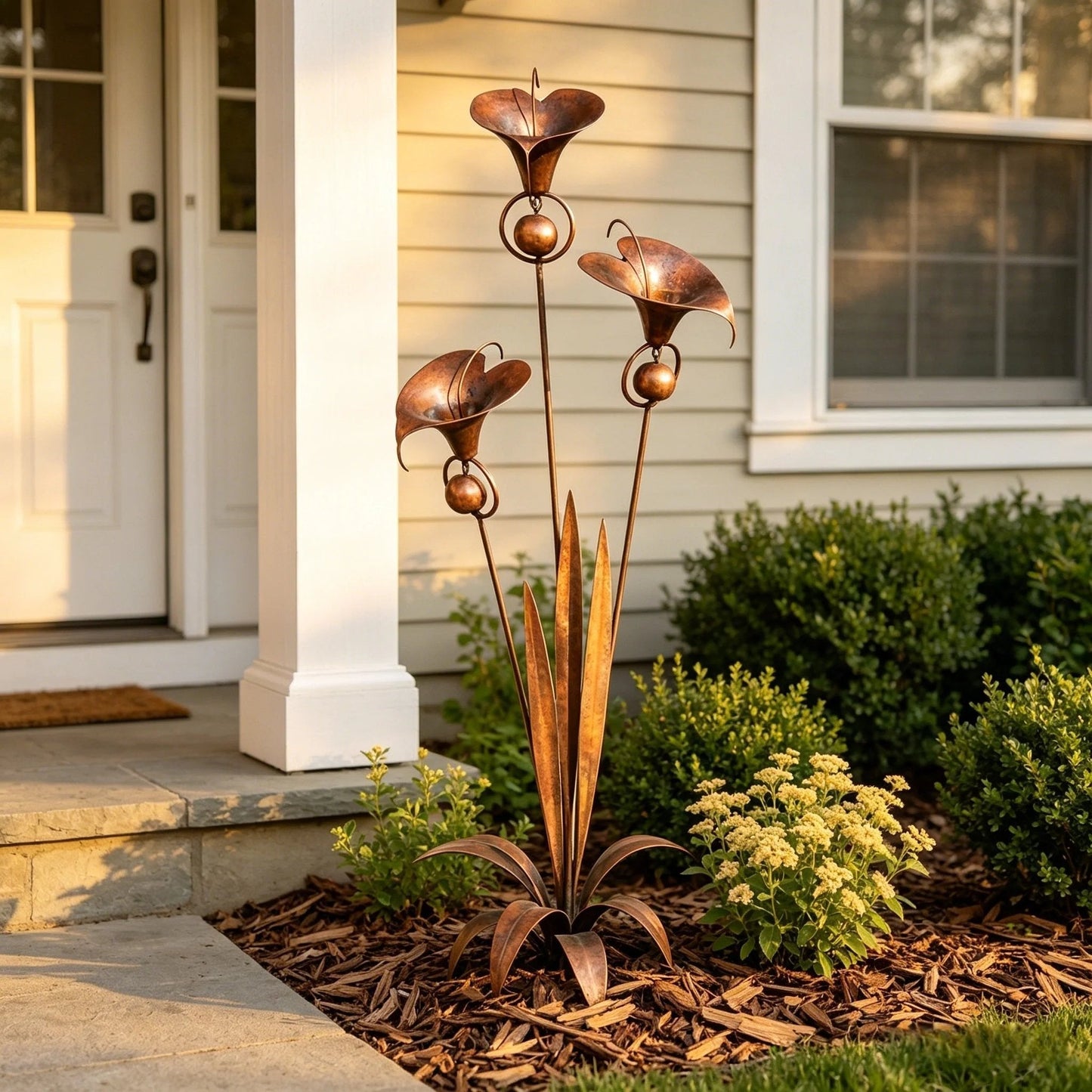 🏡Gartenstecker aus geflammtem Kupfer mit drei Calla-Lilien und Glöckchen