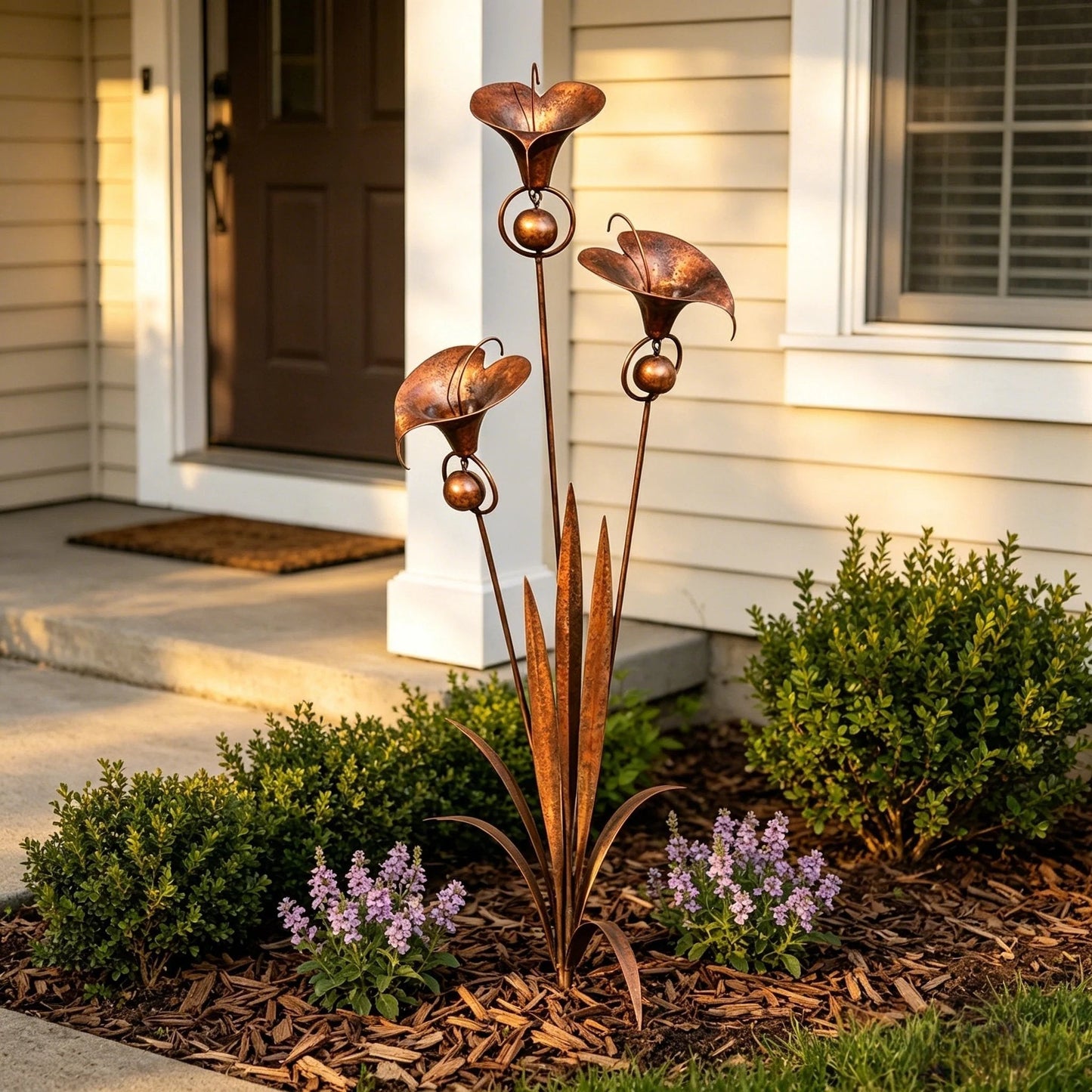 🏡Gartenstecker aus geflammtem Kupfer mit drei Calla-Lilien und Glöckchen