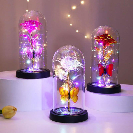 🔥Letzter Tag 50 % Rabatt – 🌹Ewige Schmetterlingsrose in Glasglocke mit LED-Beleuchtung✨