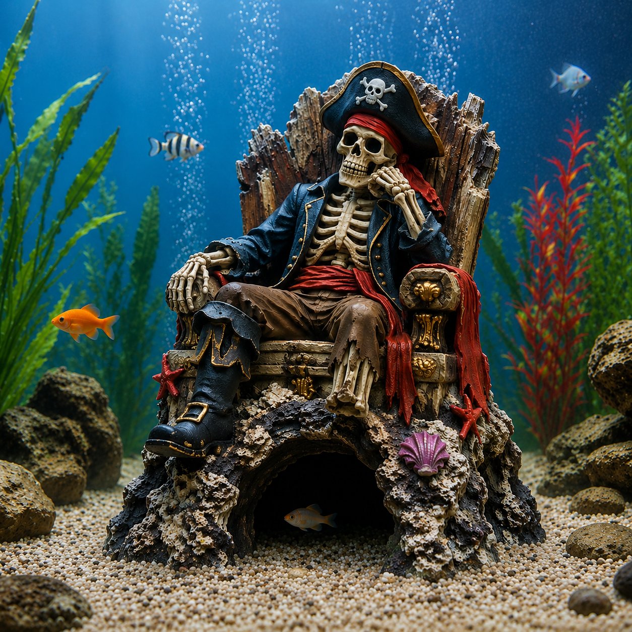 🌊☠️Unterwasser-Piraten-Skelett-Thron – Aquarium-Versteckhöhle als Dekoration