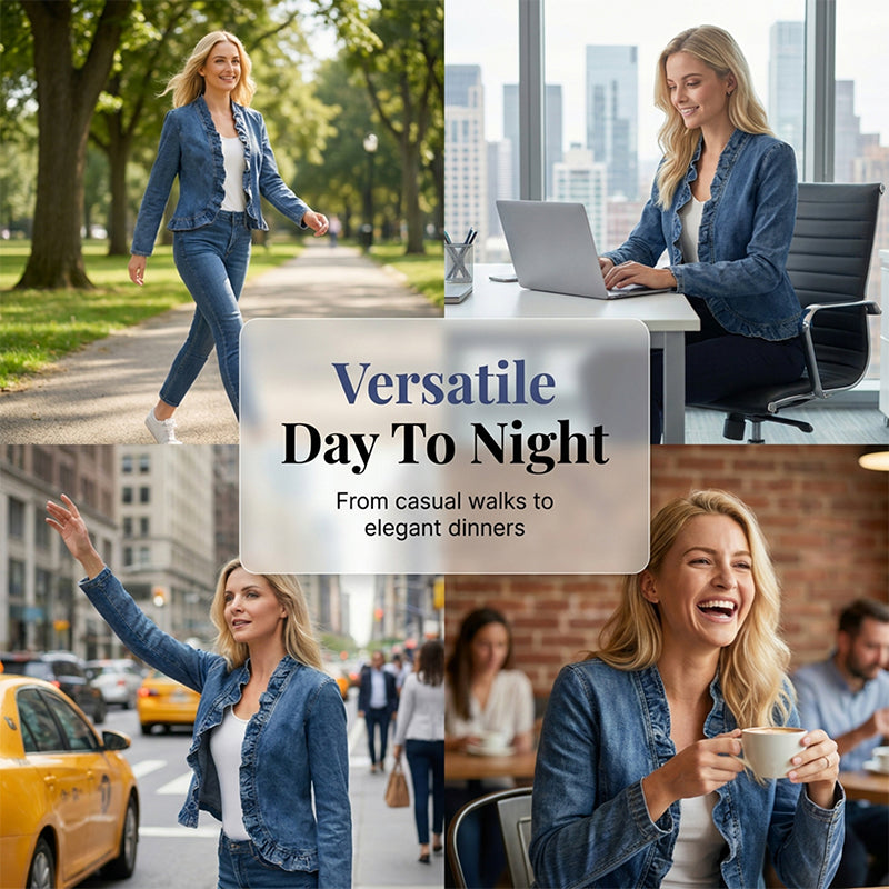 🧥 NUR FÜR BEGRENZTE ZEIT: 50 % RABATT! ✨ Damen-Jeansjacke – vorne offen, mit Rüschenbesatz, leicht, klassische Waschung ✨
