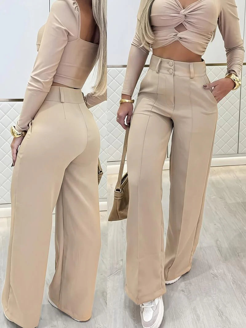 💃LETZTER TAG 50 % RABATT!!✨Elegantes Set aus bauchfreiem Top und Hose mit weitem Bein für Damen