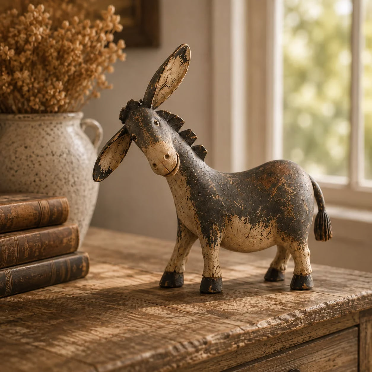 🐴 Rustikale Eselfigur ✨ Tischdekoration im Vintage-Look aus Kunstharz im Landhausstil mit Used-Optik
