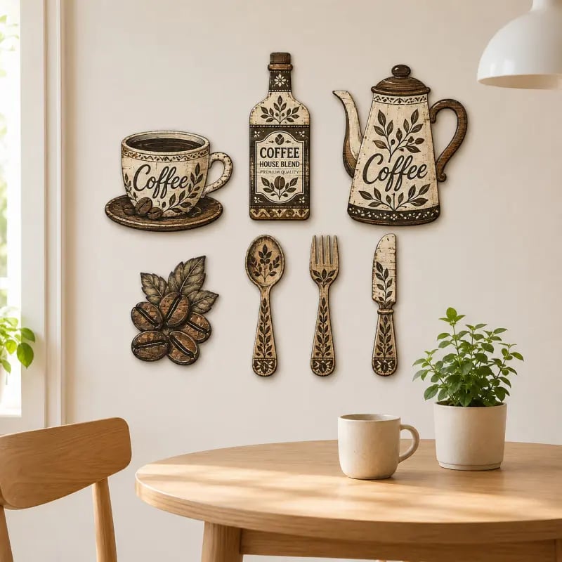 ☕ 7-teiliges Wanddekor-Set aus Holz zum Thema Kaffee für die Küche – Wandkunst im Vintage-Farmhouse-Stil zum Thema Kaffee
