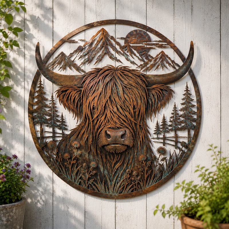 🐂Metallwandbild „Highland-Kuh in den Bergen“🏔️