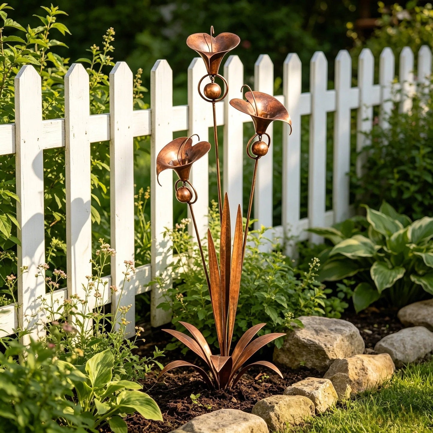 🏡Gartenstecker aus geflammtem Kupfer mit drei Calla-Lilien und Glöckchen