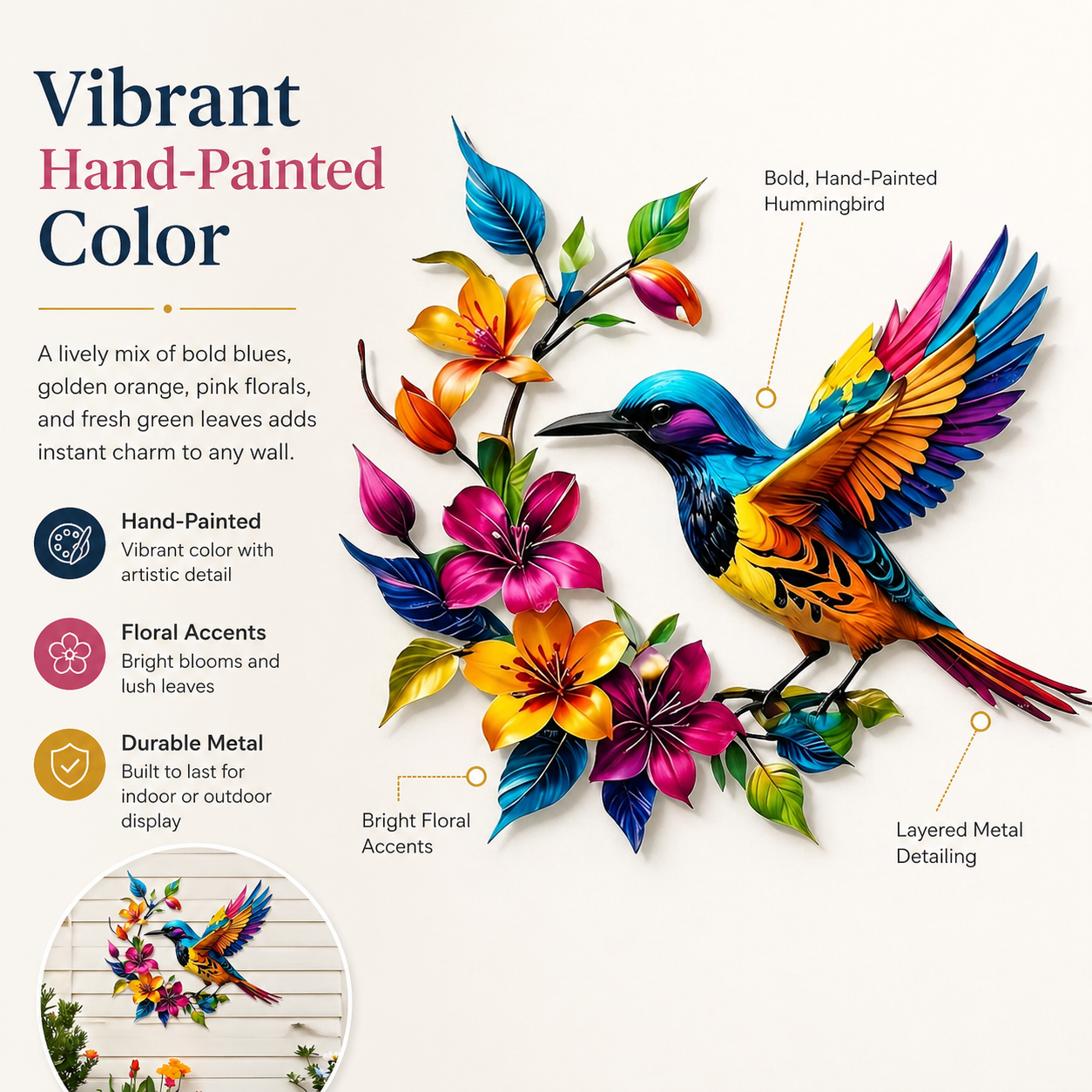 Wandbild „Kolibri in voller Blüte“ aus Metall