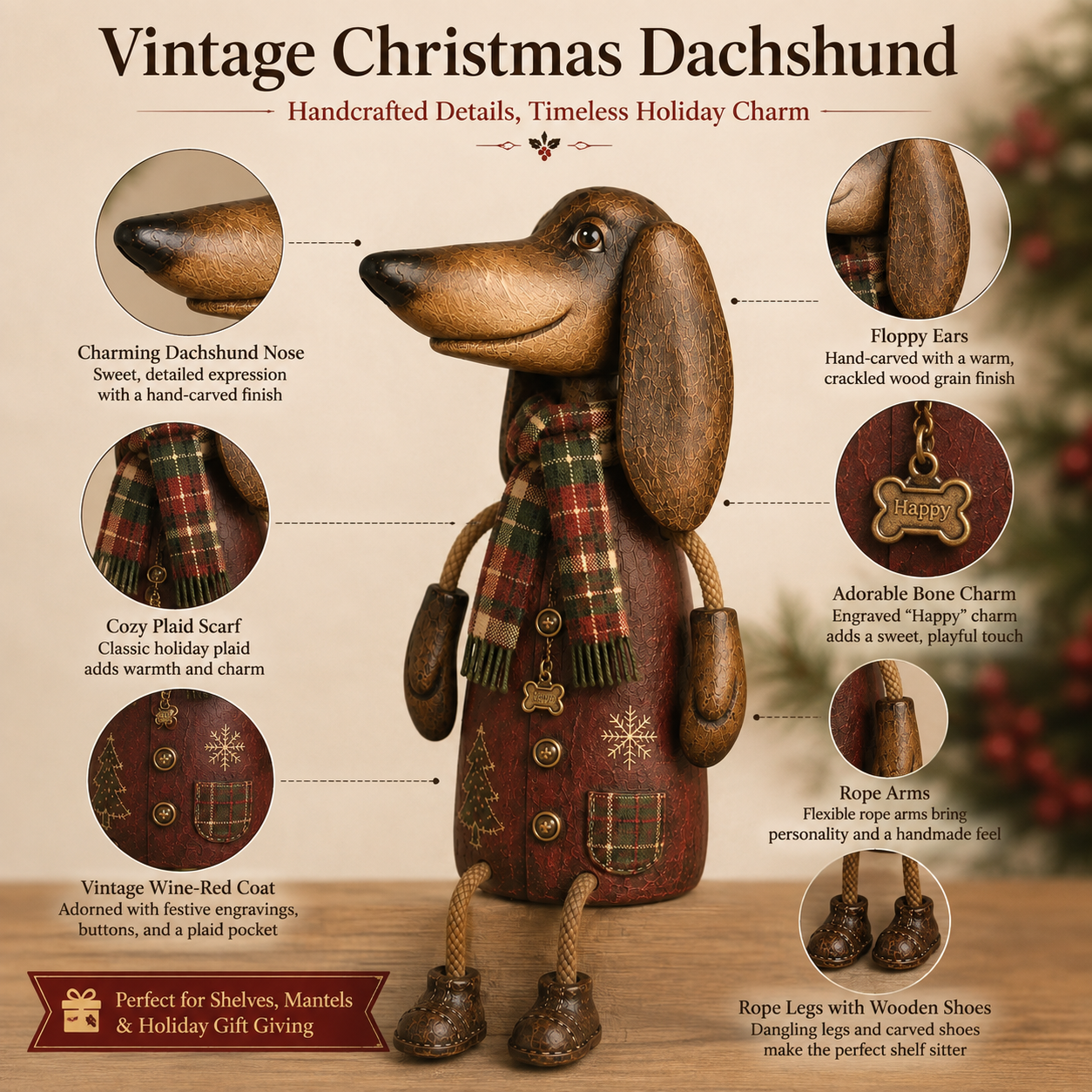 🏡Vintage-Weihnachts-Dackel als Regalfigur
