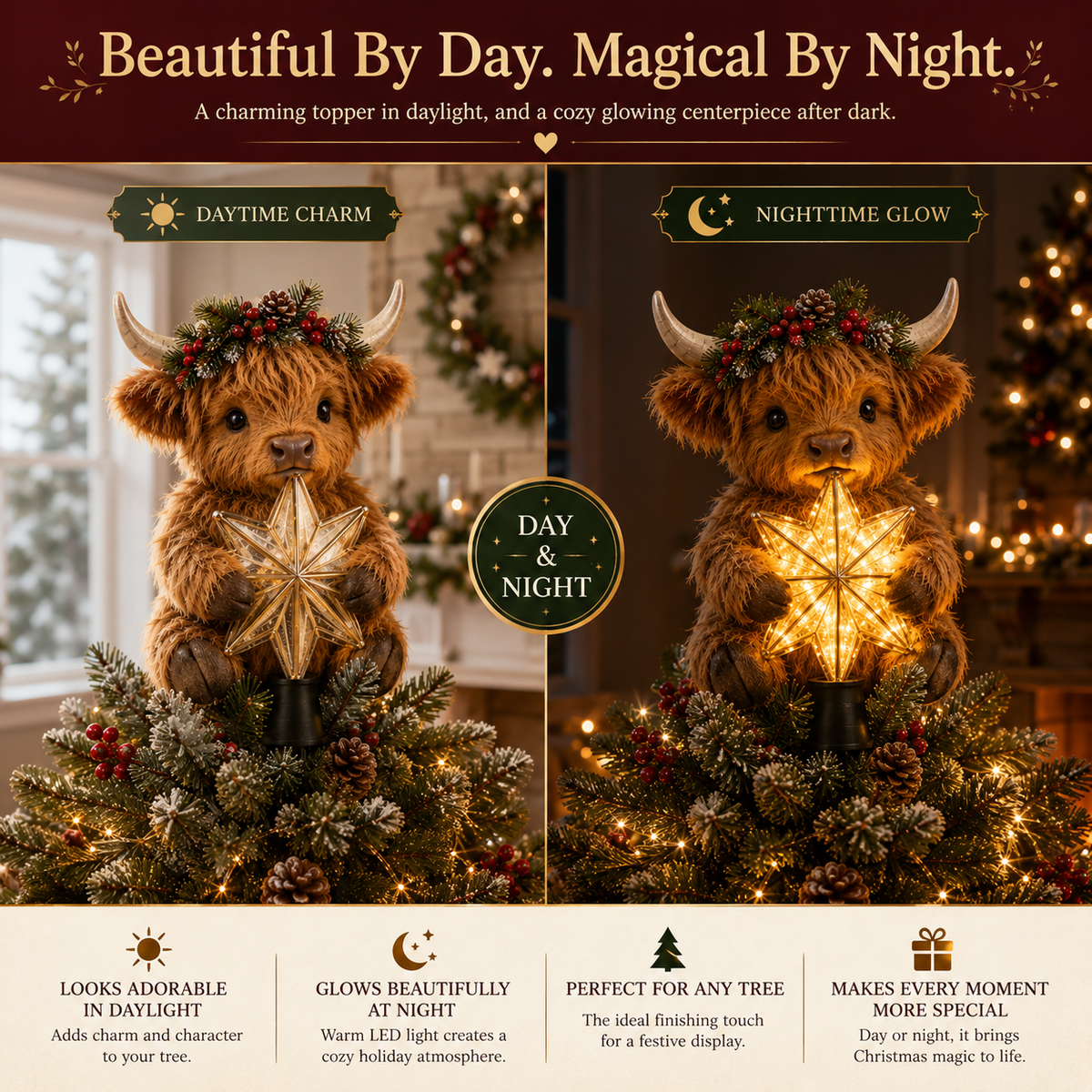 🎄Baby-Hochlandkuh als leuchtender Stern als Baumspitzenfigur✨