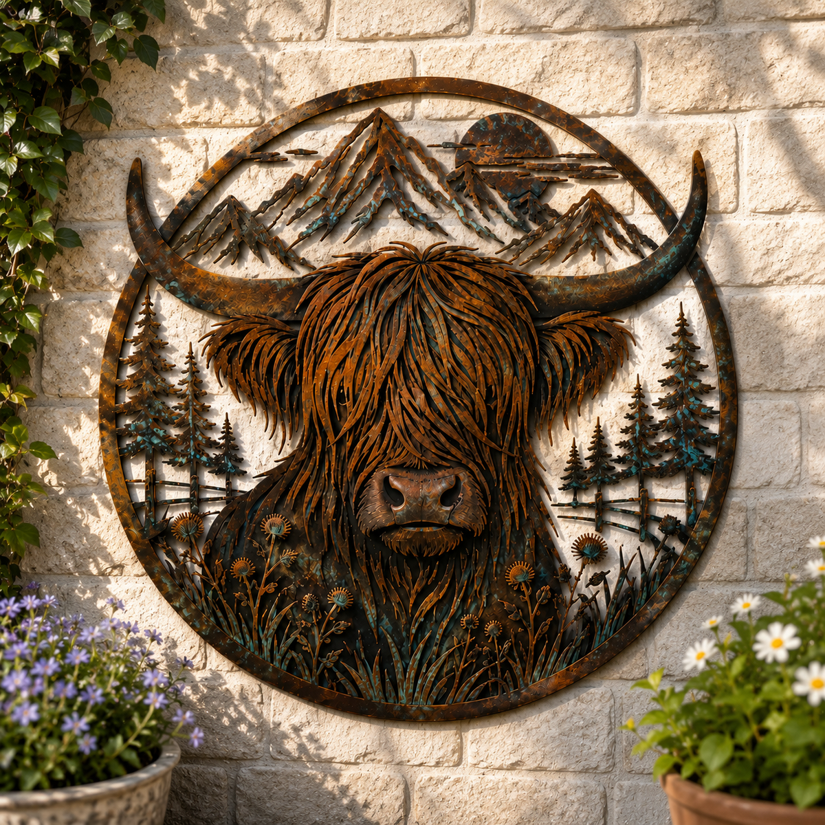 🐂Metallwandbild „Highland-Kuh in den Bergen“🏔️