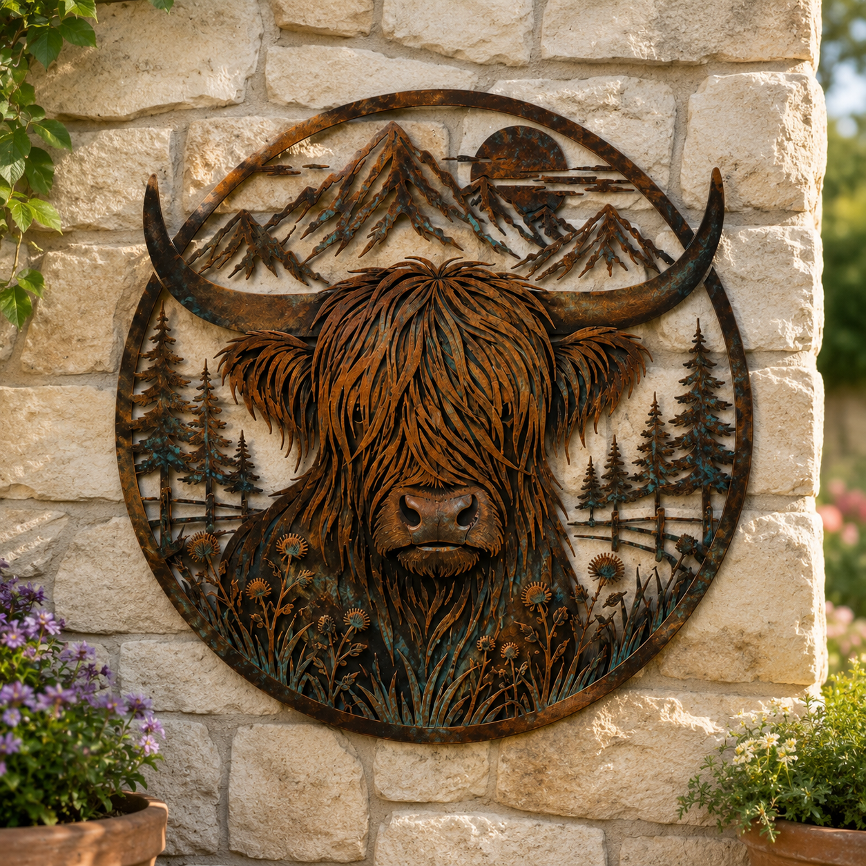 🐂Metallwandbild „Highland-Kuh in den Bergen“🏔️