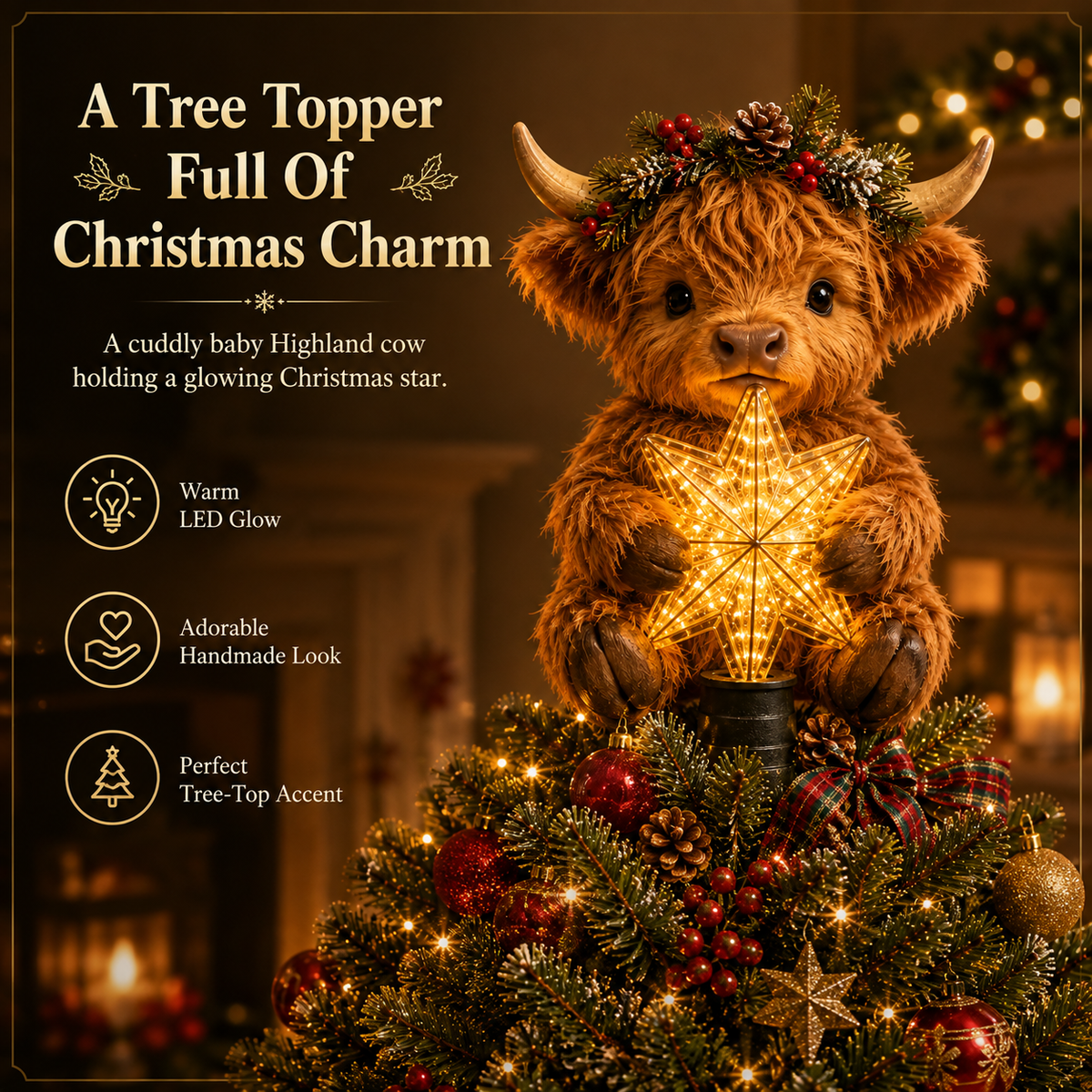 🎄Baby-Hochlandkuh als leuchtender Stern als Baumspitzenfigur✨