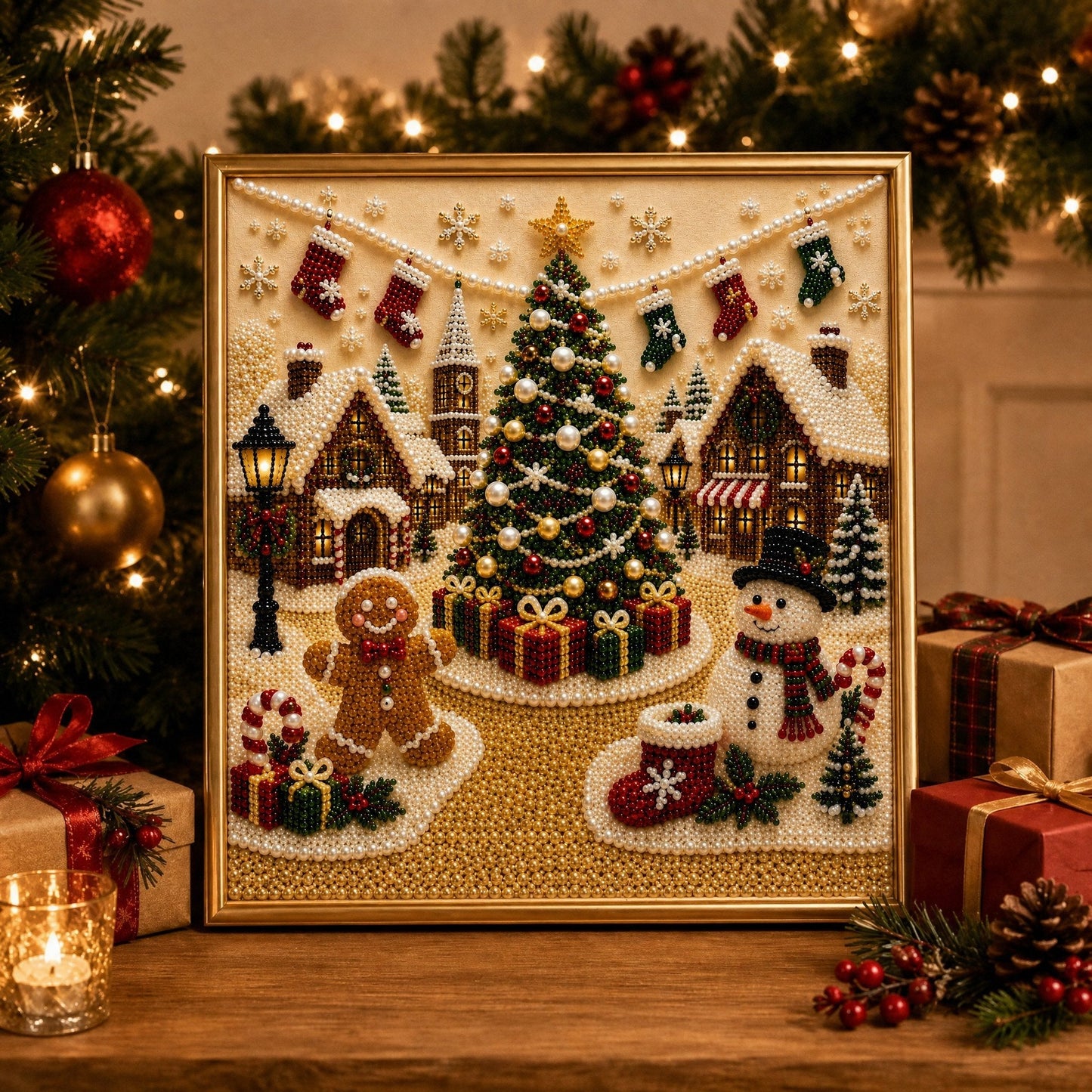 🎄🎅 Premium-3D-Weihnachtswandbild-Bastelset mit Perlen | Luxuriöse, beflockte Leinwand mit kratzfesten, lichtbeständigen Perlen – DIY-Weihnachtsdekoration ⛄️❄️