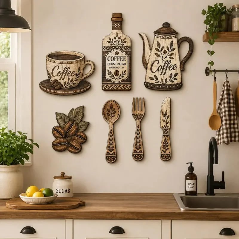 ☕ 7-teiliges Wanddekor-Set aus Holz zum Thema Kaffee für die Küche – Wandkunst im Vintage-Farmhouse-Stil zum Thema Kaffee