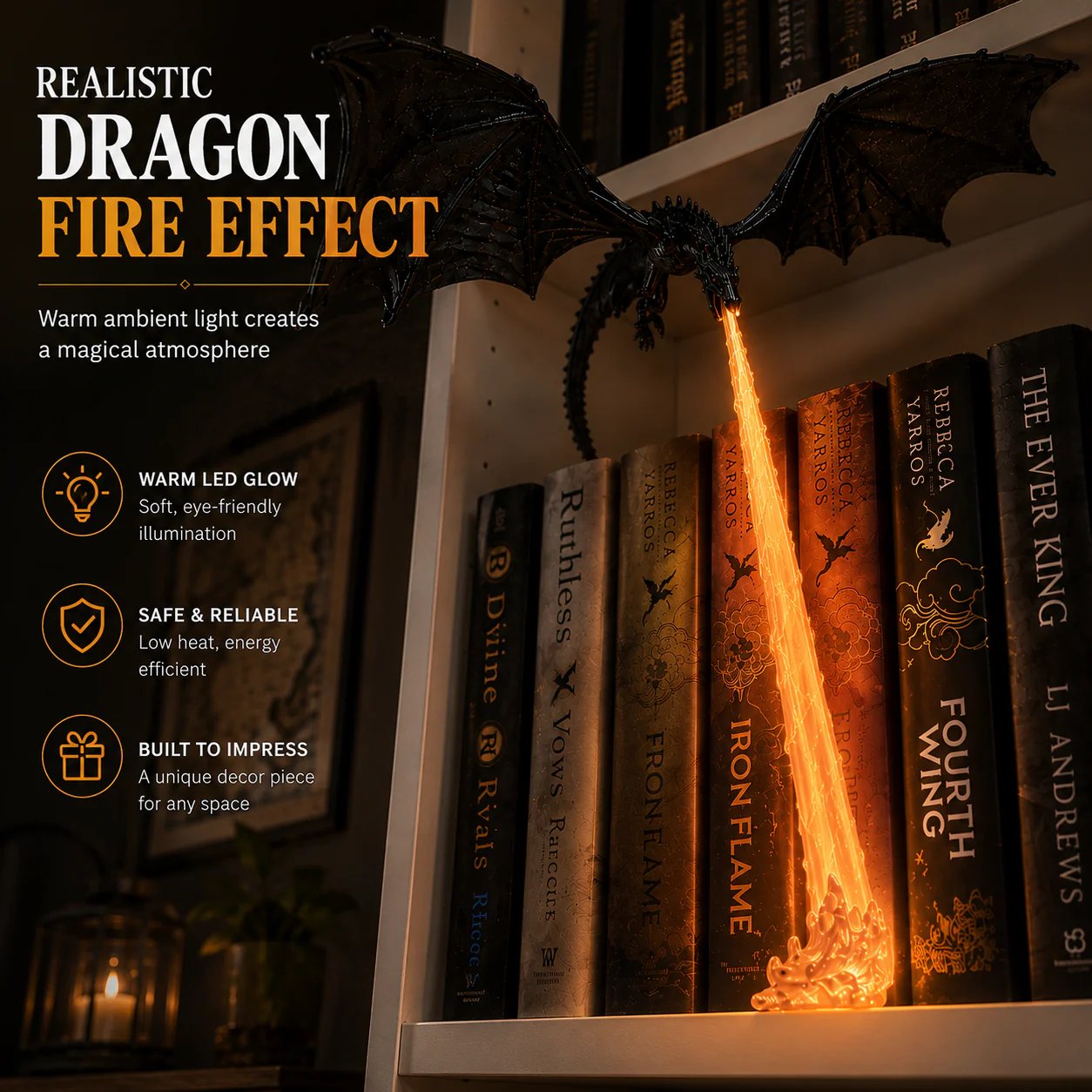 🐉 Feuer speiende Drachen-Regaldekoration-Lampe + LED-Flammenbeleuchtungsset