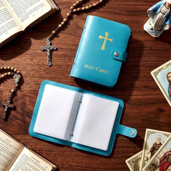 ✝️ Katholischer Heiligenkartenhalter aus echtem Leder – Organizer für Gebetskarten im Taschenformat mit Druckknopfverschluss