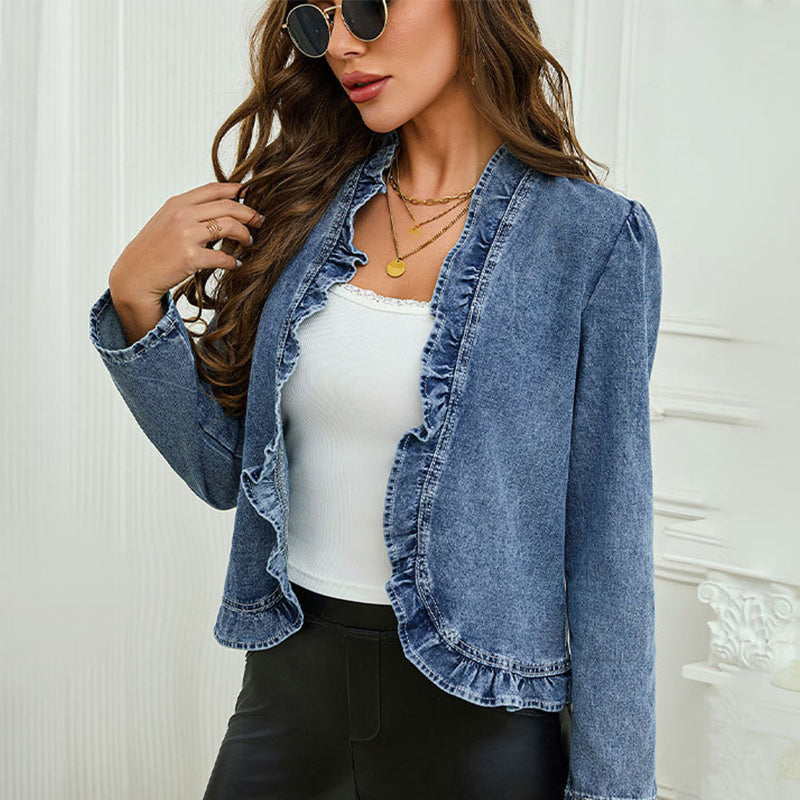🧥 NUR FÜR BEGRENZTE ZEIT: 50 % RABATT! ✨ Damen-Jeansjacke – vorne offen, mit Rüschenbesatz, leicht, klassische Waschung ✨