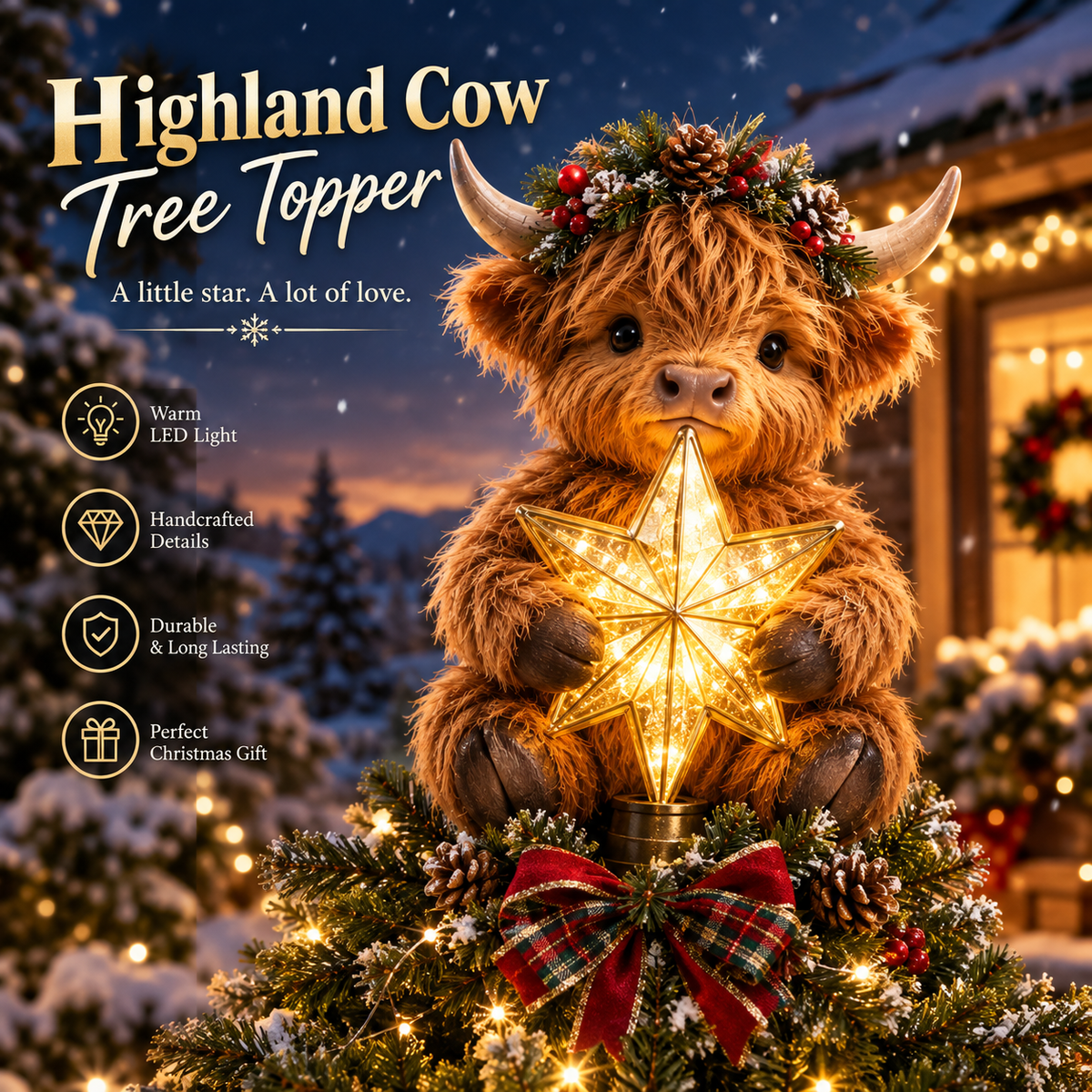 🎄Baby-Hochlandkuh als leuchtender Stern als Baumspitzenfigur✨