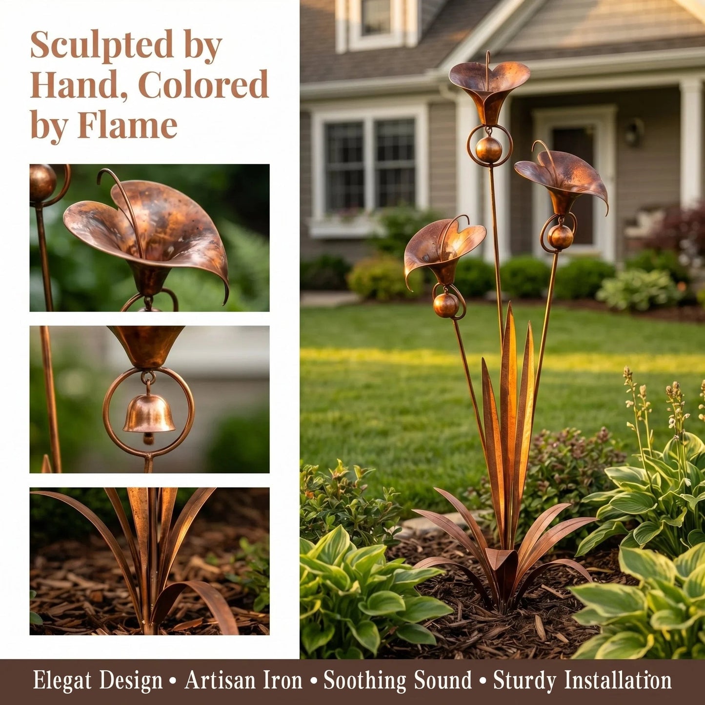 🏡Gartenstecker aus geflammtem Kupfer mit drei Calla-Lilien und Glöckchen