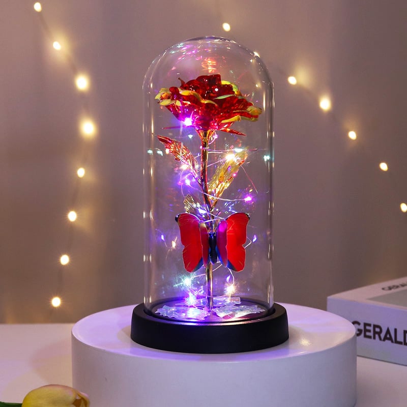 🔥Letzter Tag 50 % Rabatt – 🌹Ewige Schmetterlingsrose in Glasglocke mit LED-Beleuchtung✨