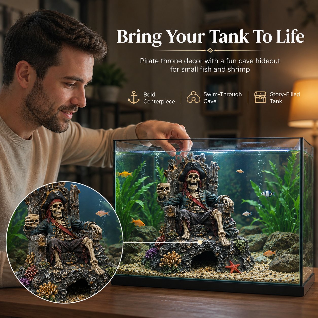 🌊☠️Unterwasser-Piraten-Skelett-Thron – Aquarium-Versteckhöhle als Dekoration