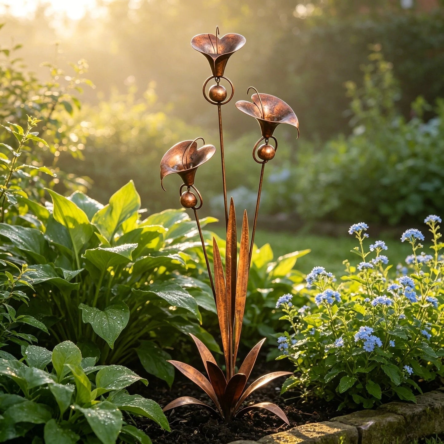 🏡Gartenstecker aus geflammtem Kupfer mit drei Calla-Lilien und Glöckchen