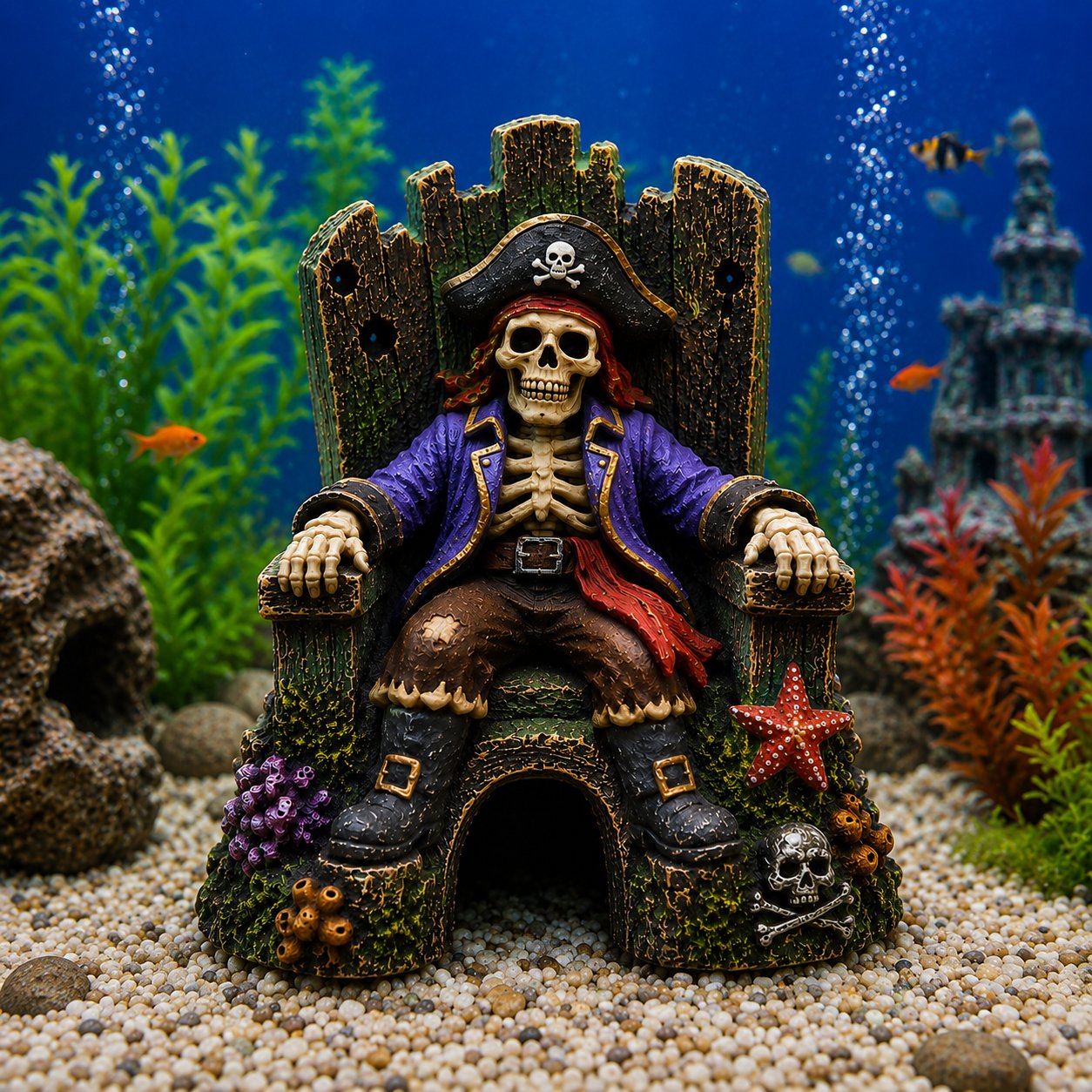 🌊☠️Unterwasser-Piraten-Skelett-Thron – Aquarium-Versteckhöhle als Dekoration