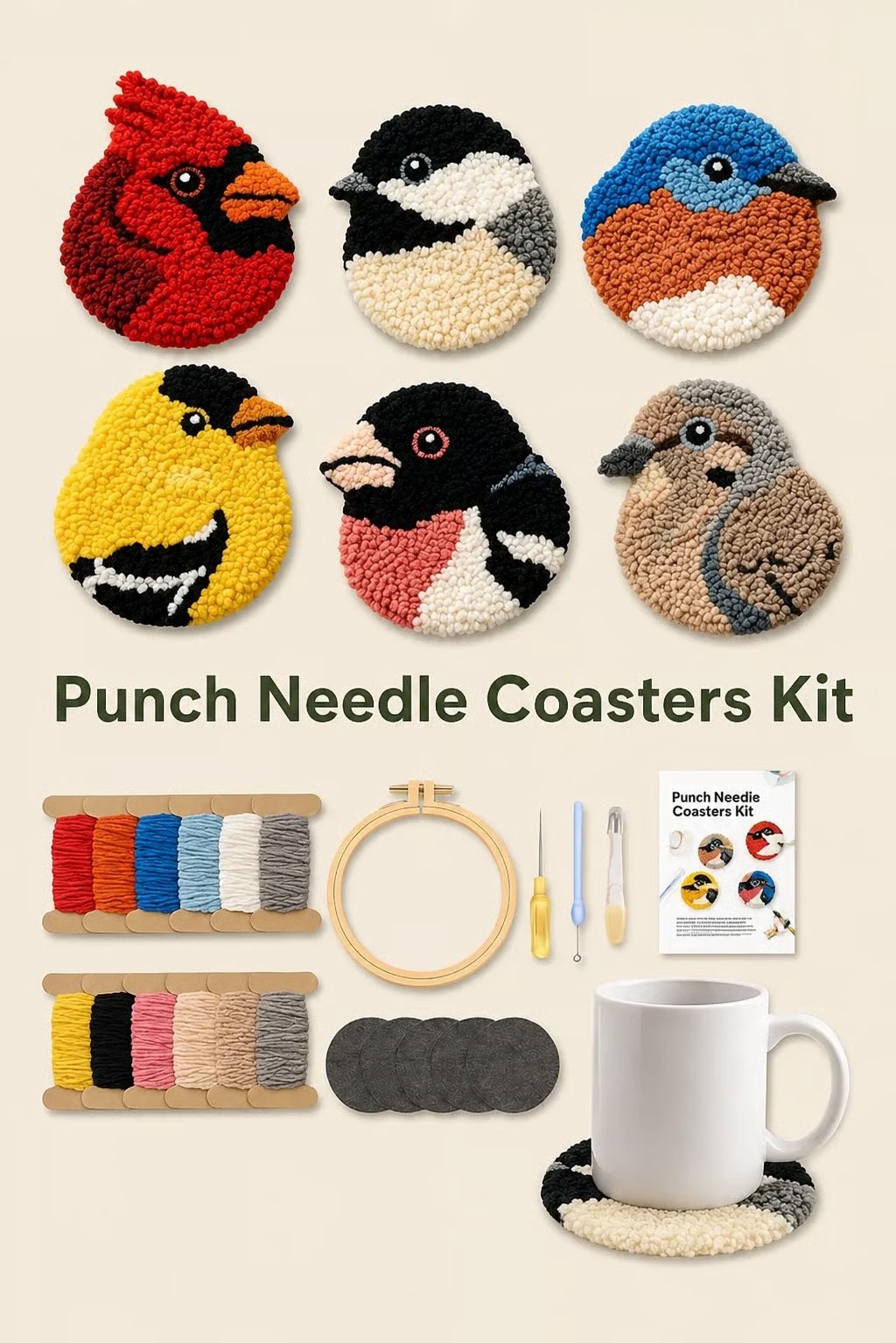 🧵Anfängerfreundlich🐦DIY-Set für Vogel-Untersetzer mit Punch-Needle-Technik