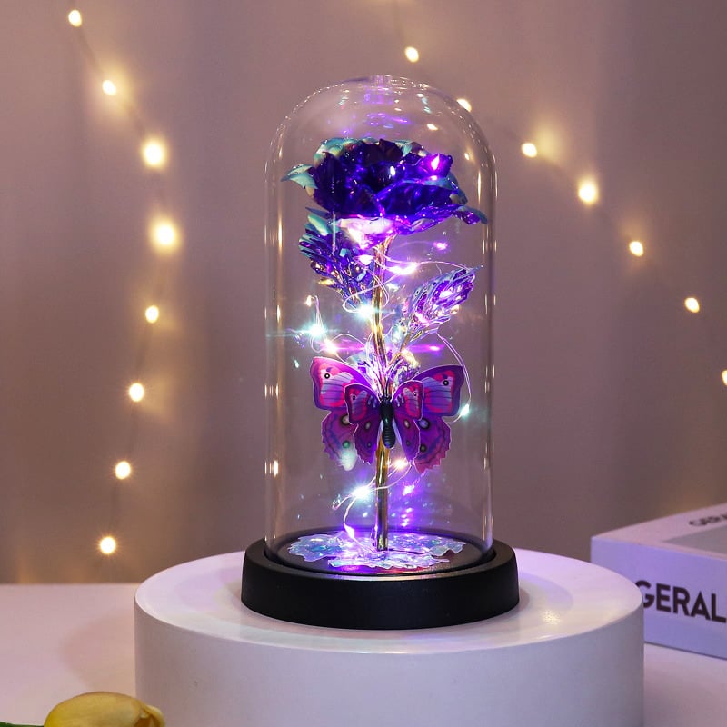 🔥Letzter Tag 50 % Rabatt – 🌹Ewige Schmetterlingsrose in Glasglocke mit LED-Beleuchtung✨