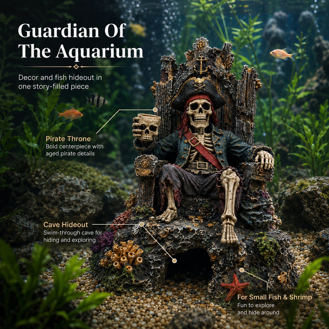 🌊☠️Unterwasser-Piraten-Skelett-Thron – Aquarium-Versteckhöhle als Dekoration