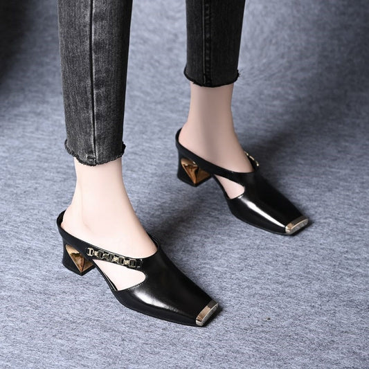Damen Casual Metall Quadratische Zehe Mittlerer Blockabsatz Mules