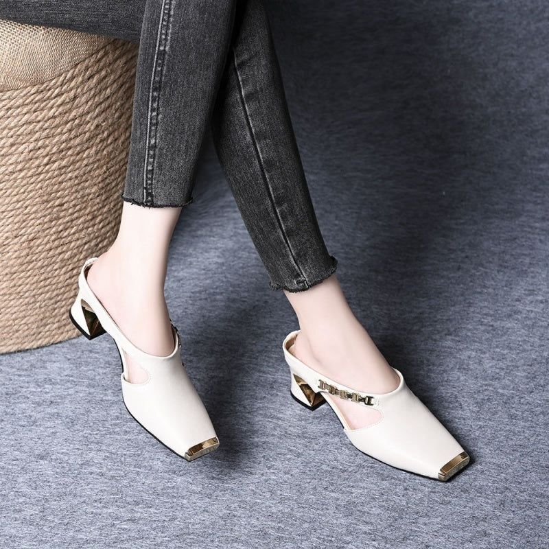 Damen Casual Metall Quadratische Zehe Mittlerer Blockabsatz Mules