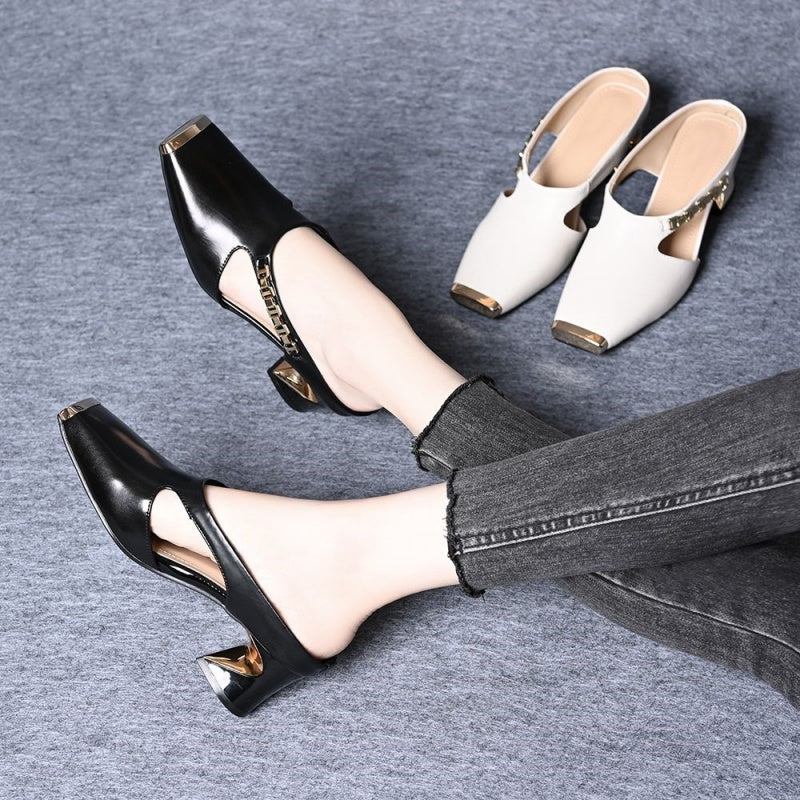 Damen Casual Metall Quadratische Zehe Mittlerer Blockabsatz Mules